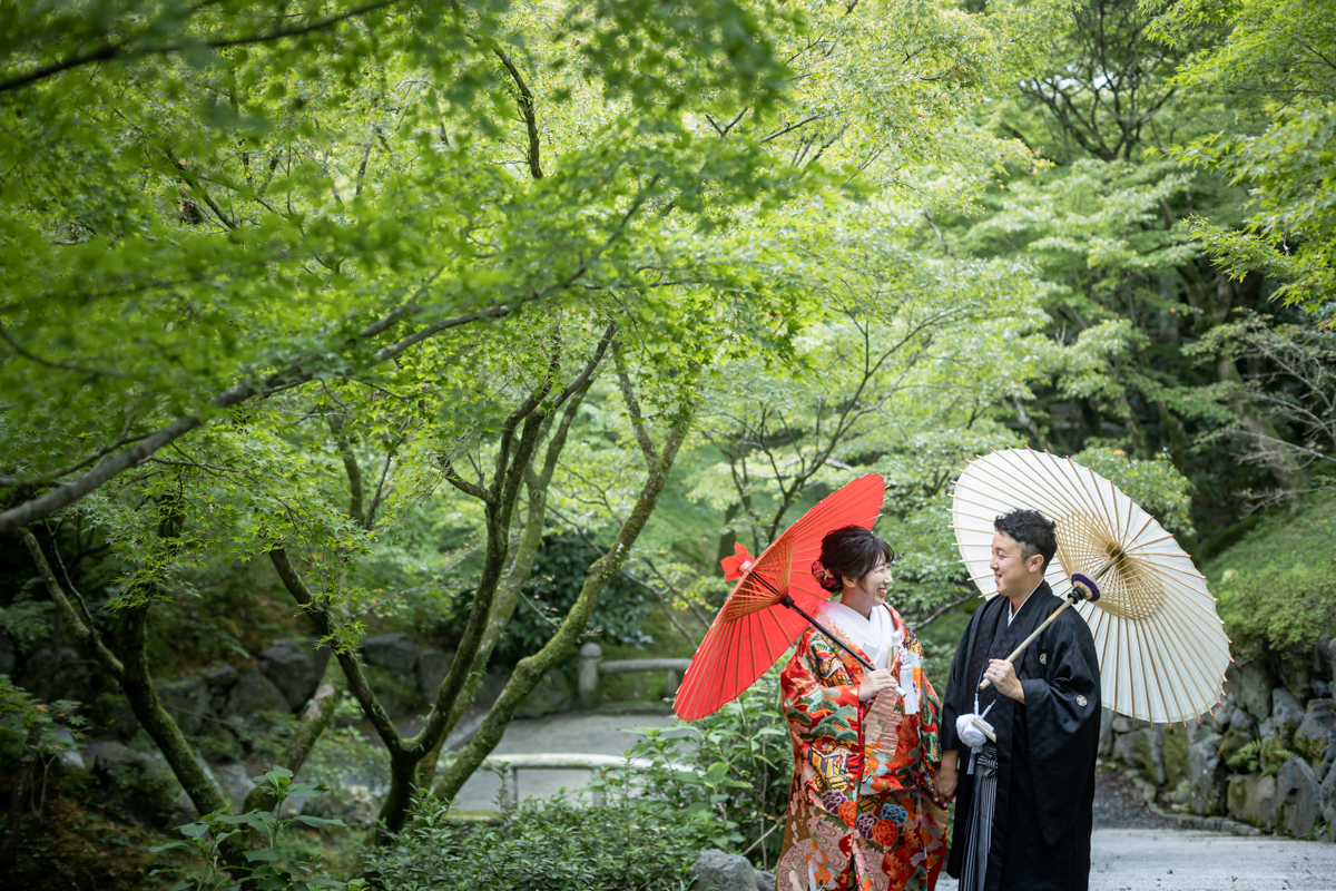 東福寺前撮り「赤い色打掛が新緑の背景に映える」