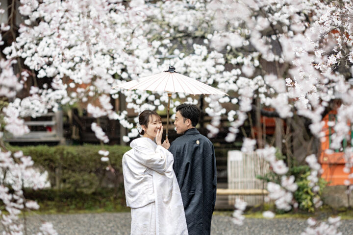 桜の京都和装前撮り・フォトウェディングは雨でも撮れる毘沙門堂がおすすめ