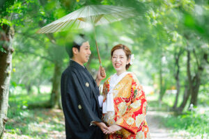 9月の京都和装前撮り「深緑いっぱいの大覚寺の紅葉ロード」
