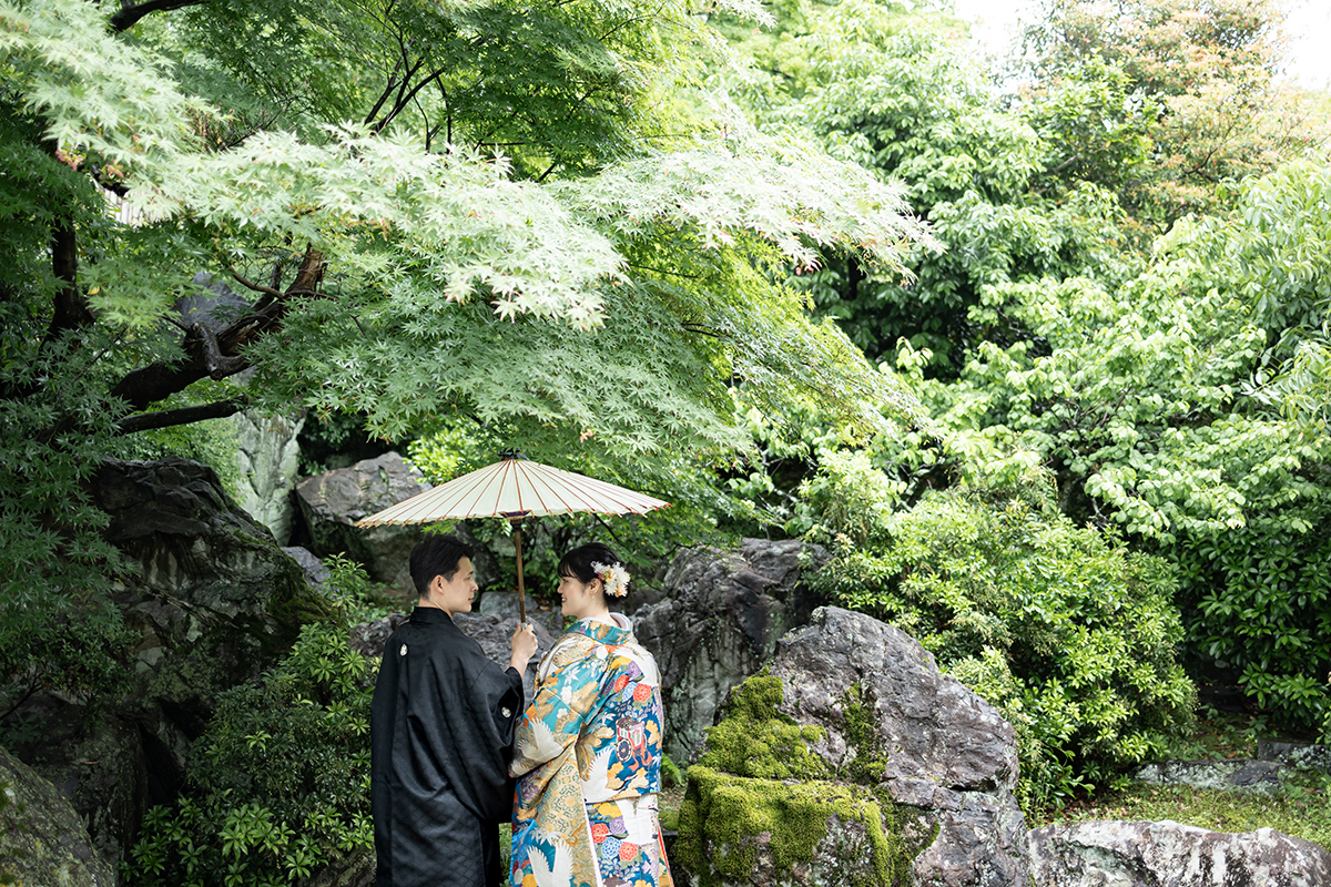 京都の萬福寺で新緑前撮り「青い色打掛が鮮やか」