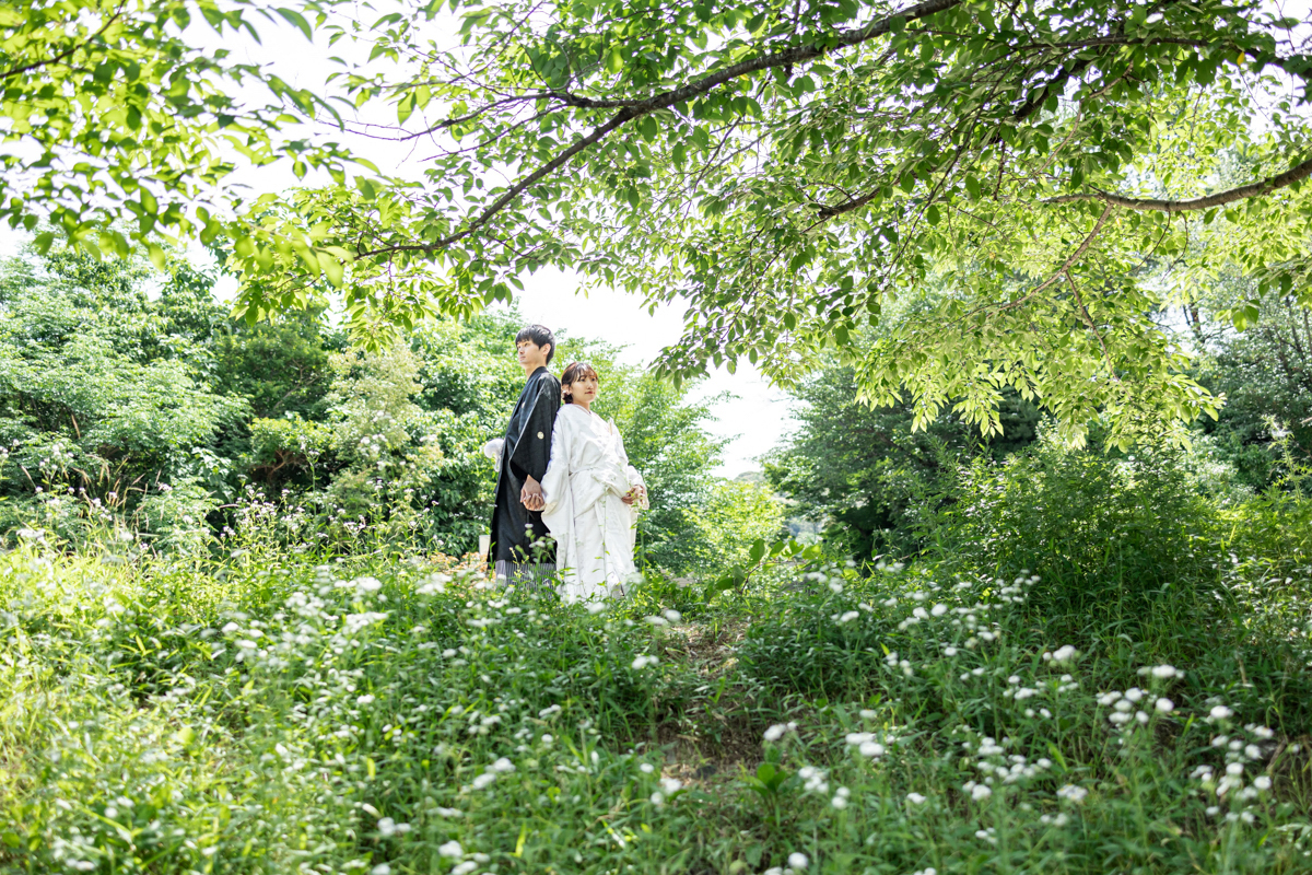 結婚式の和装ロケーション前撮り「新緑いっぱいの高台寺公園」