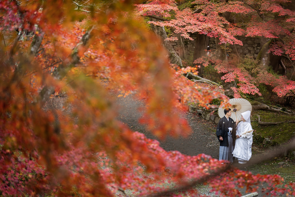 結婚式の和装フォトウェディング「一面紅葉の毘沙門堂」
