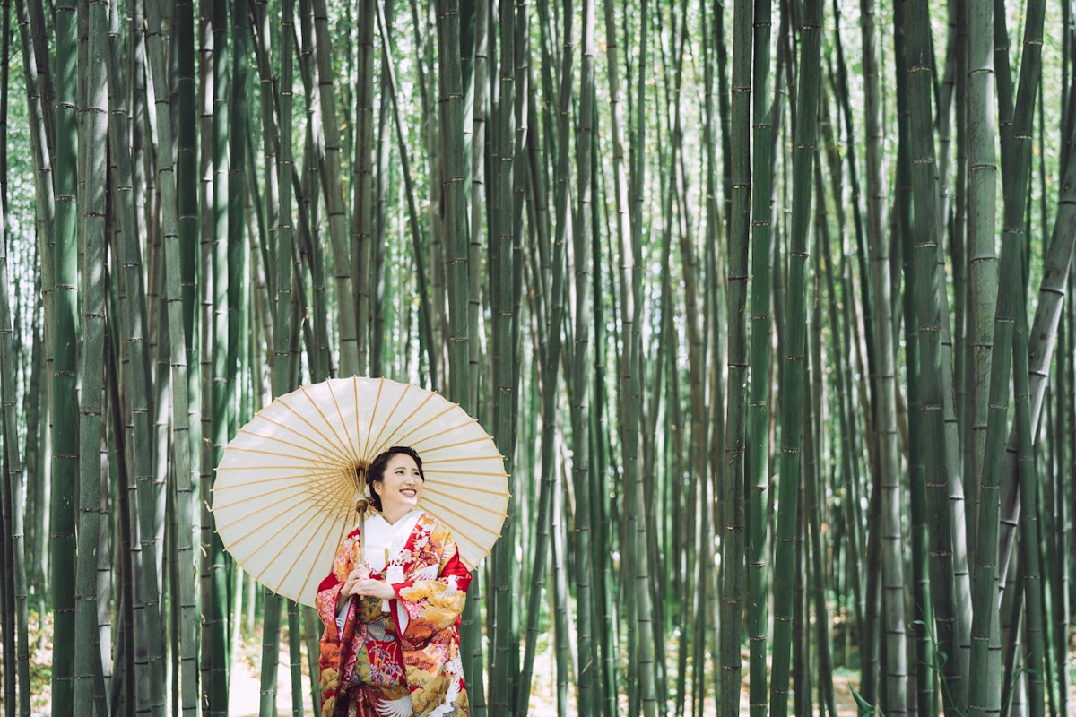 京都和装前撮り・フォトウェディング　のピン写・ソロカット「大覚寺の竹林と色打掛」