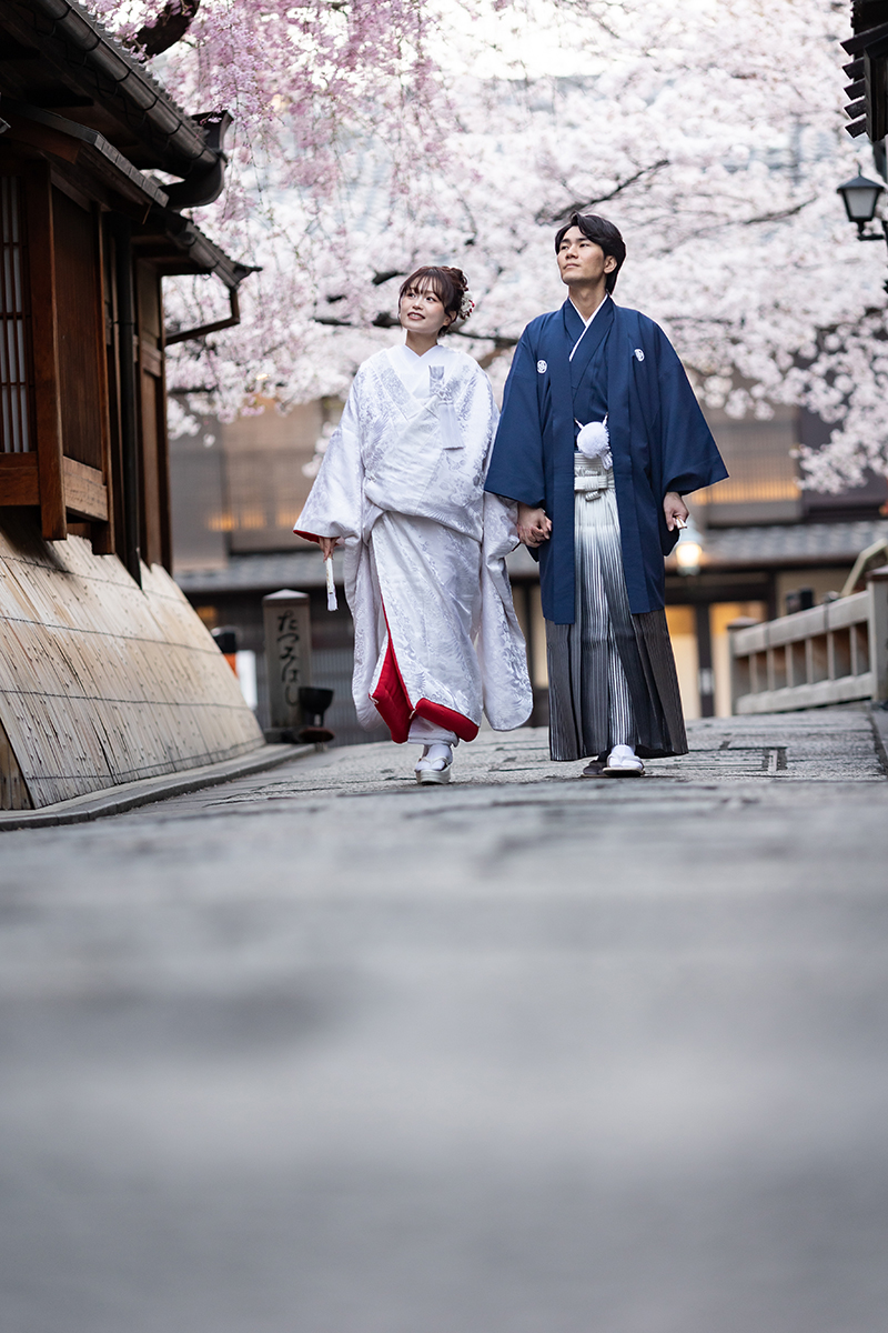 桜満開の祇園で散歩する赤ふきの白無垢姿の新婦と新郎