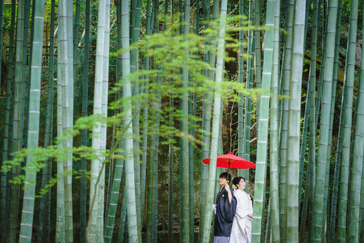 京都の和装前撮り・フォトウェディングのロケーションは竹林が人気です
