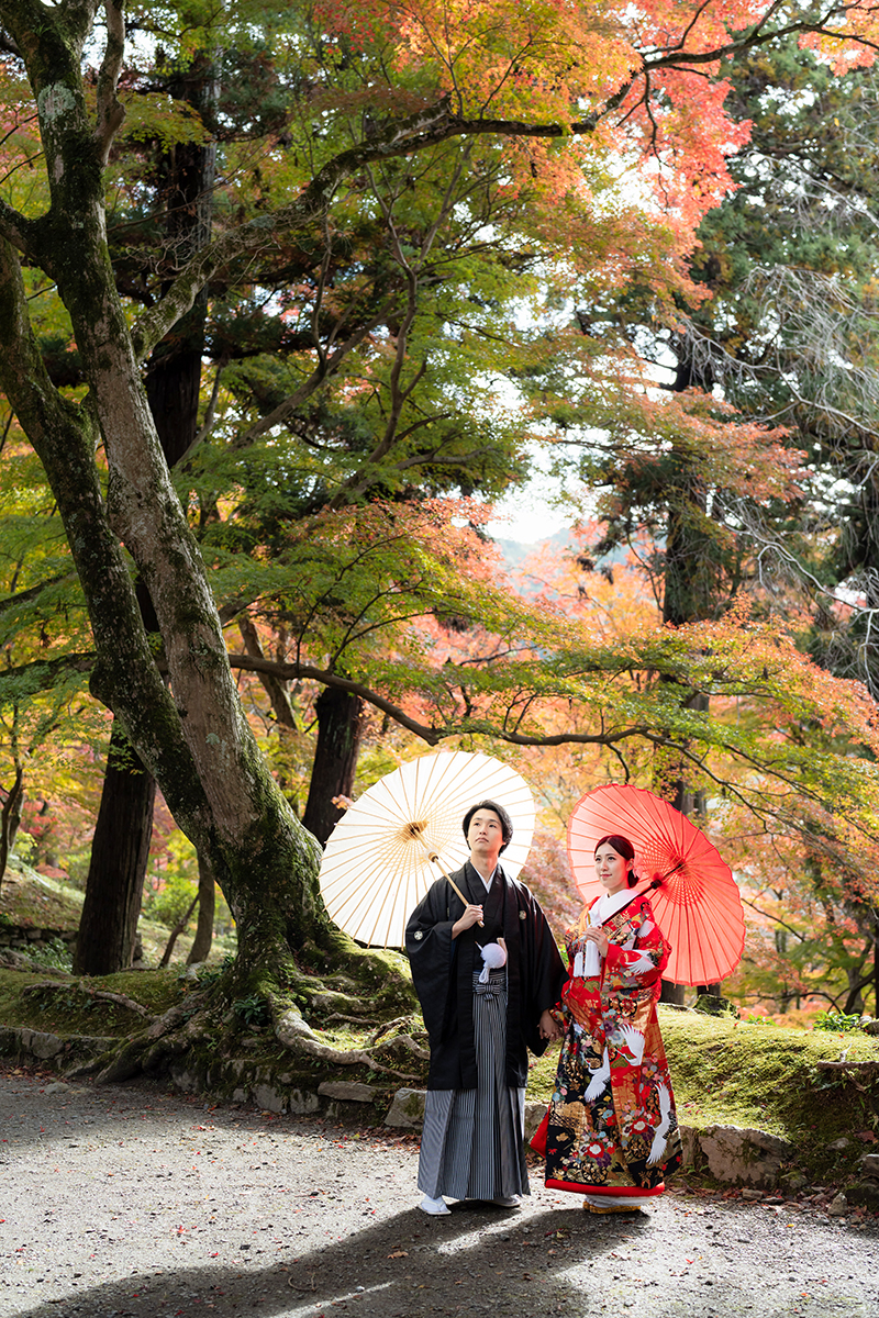 毘沙門堂（京都）で和装前撮り・フォトウェディング「弁天堂の周りの紅葉と番傘を持つ新郎新婦」