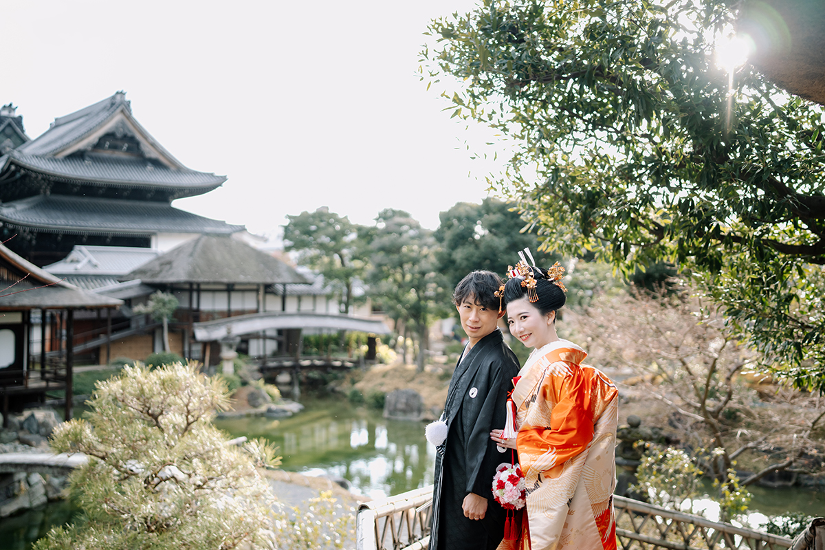 国宝飛雲閣の庭園で和装前撮り