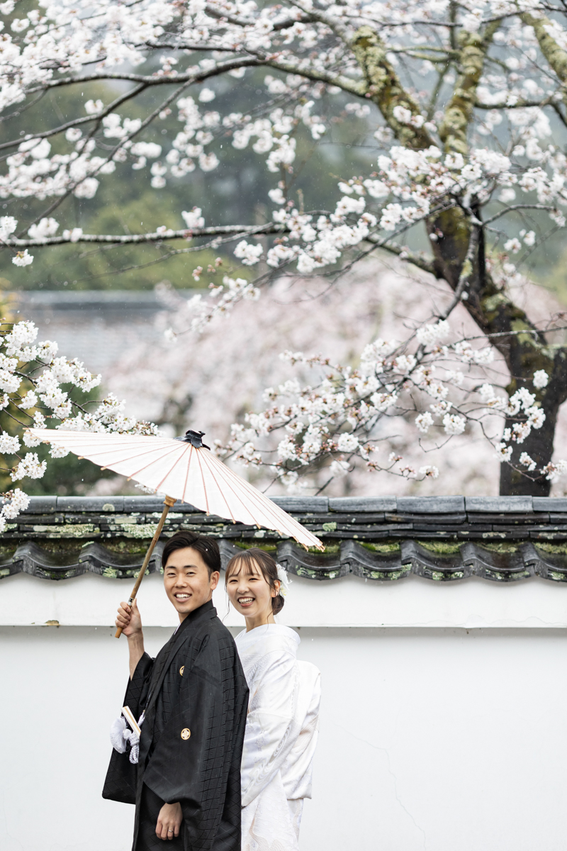 結婚式の和装フォトウェディング「雨の日の桜の毘沙門堂」