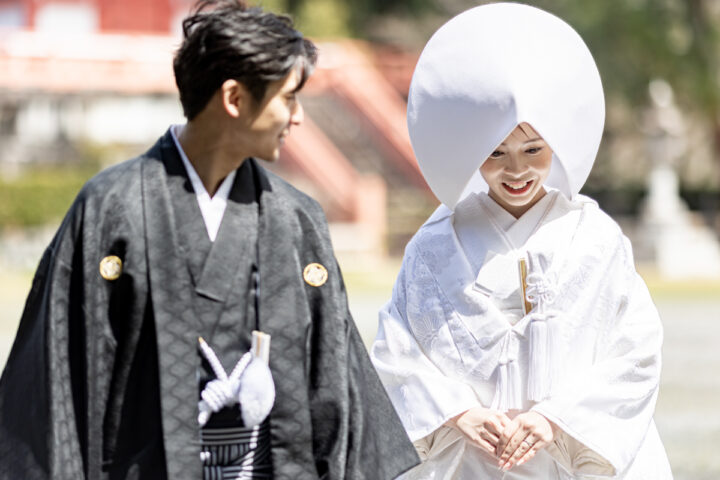 京都前撮りは大覚寺で白無垢に綿帽子をつけるのが人気です