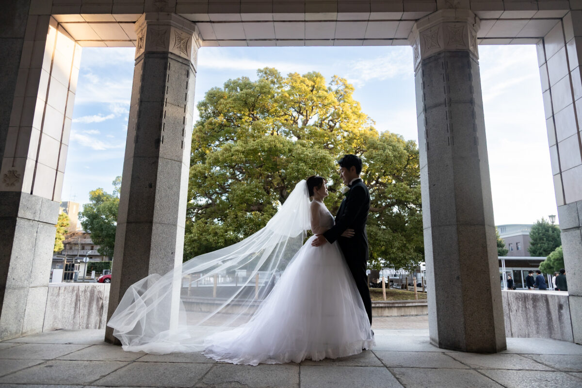 京都大学の大きい楠の前で向かい合う新郎新婦