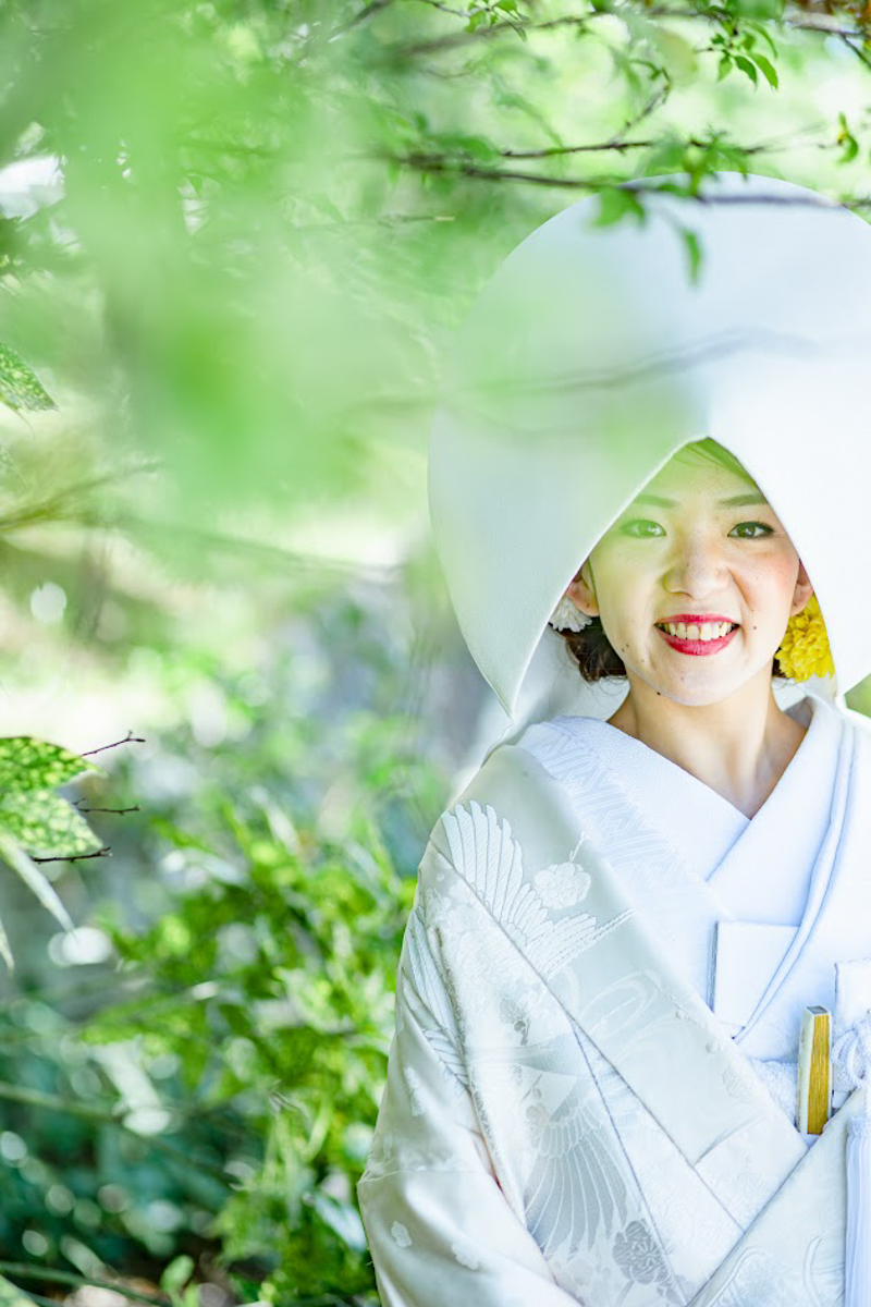 京都和装前撮り・フォトウェディング　のピン写・ソロカット「新緑と綿帽子」