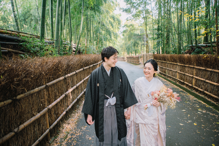 京都和装前撮り・フォトウェディングは洛西竹林公園の竹林が口コミで人気