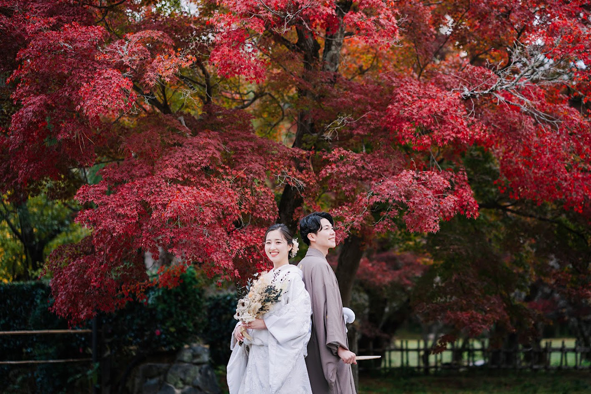 おしゃれな色紋付羽織で京都和装前撮り「ブラウンの紋付羽織と真っ赤な紅葉」