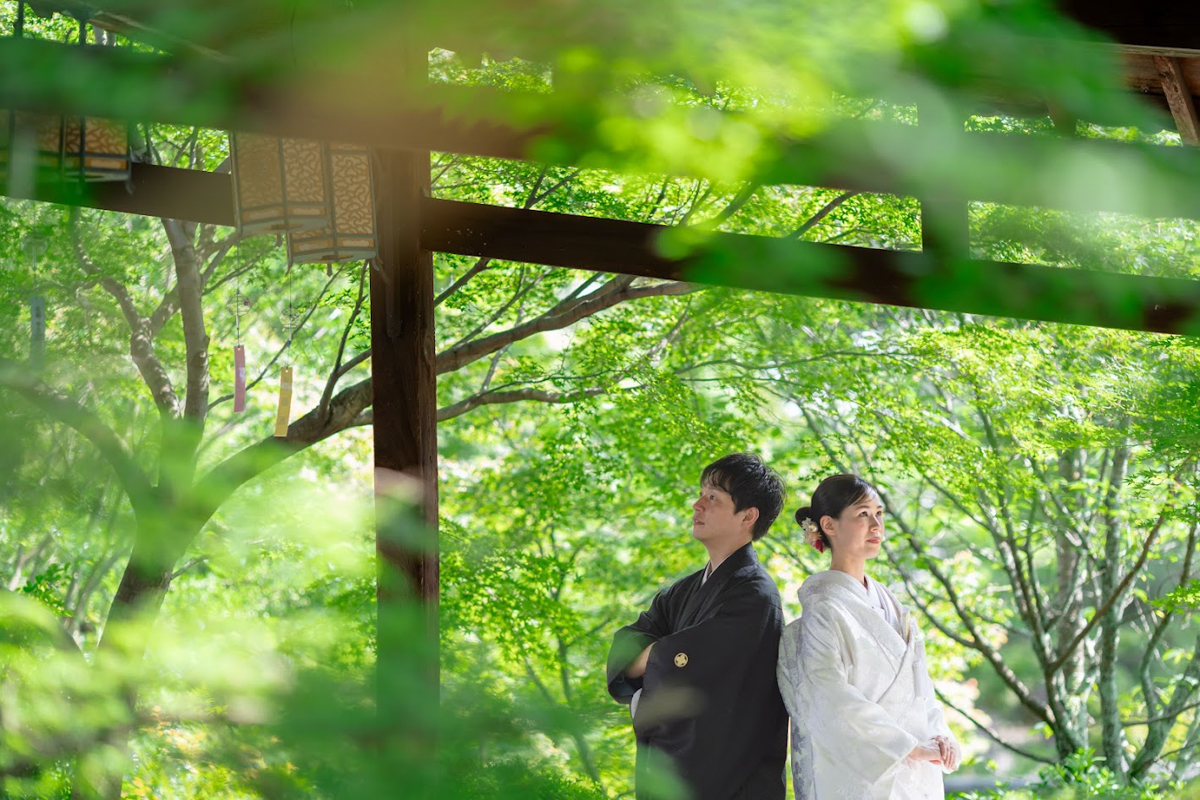 萬福寺前撮り「鮮やかな新緑の中で背中合わせの二人」